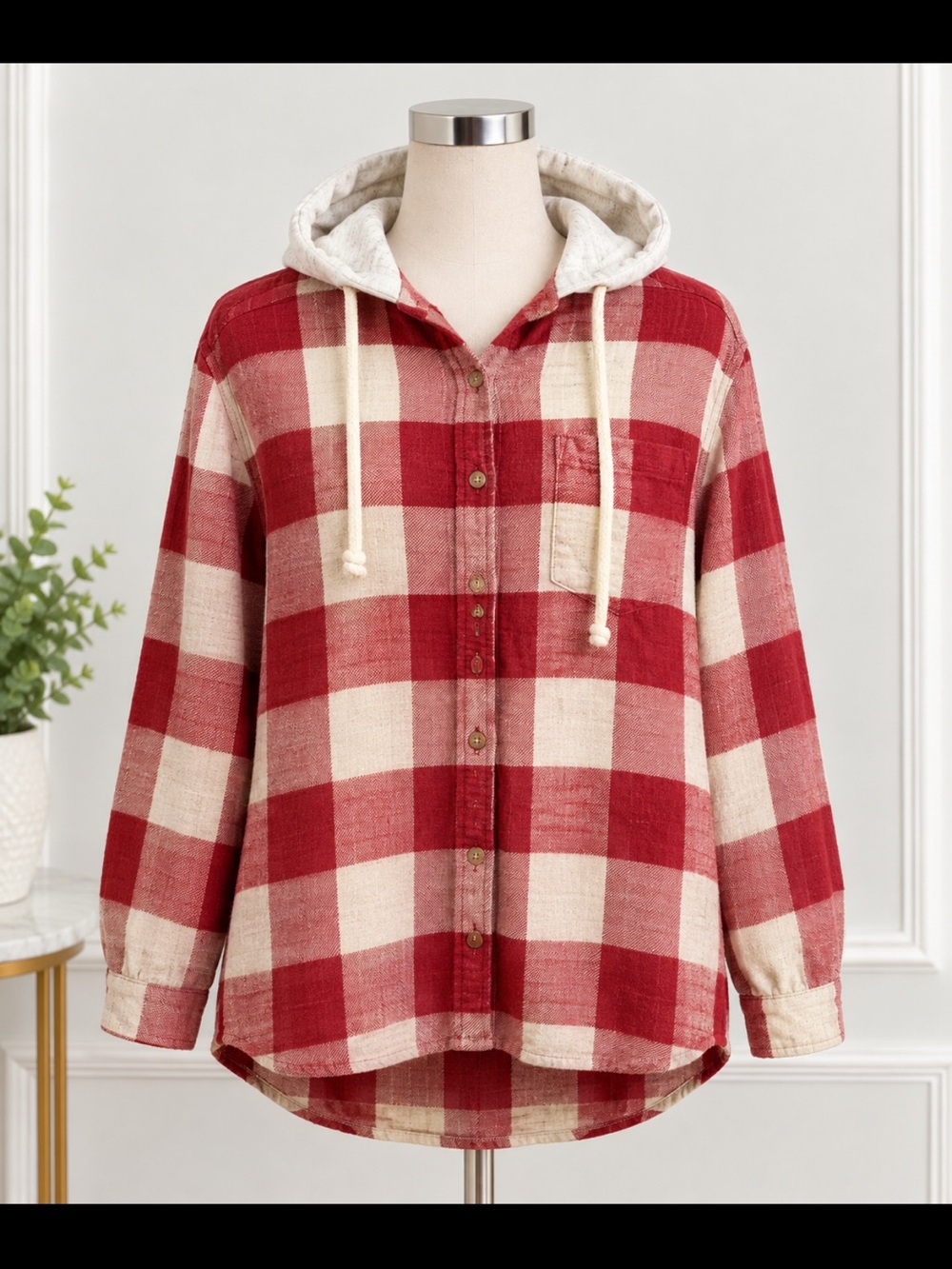 American Eagle Outfitters Red & Cream Plaid Hooded Button-Up Shacket